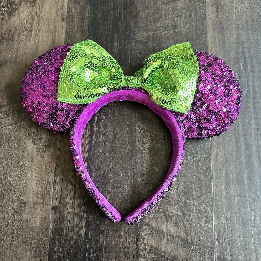 Disney Parks Minnie Mouse Ears Headband Halloween Purple & Green Sequin‎ Bow GUC
